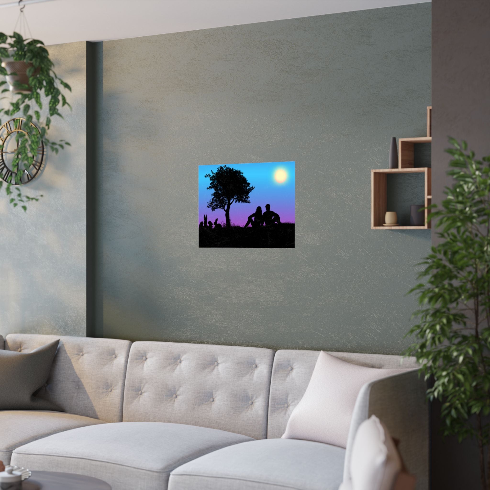 Silhouette Paar Satin Poster, Romantische Wandkunst Schatten Bild  hängt  über das Sofa