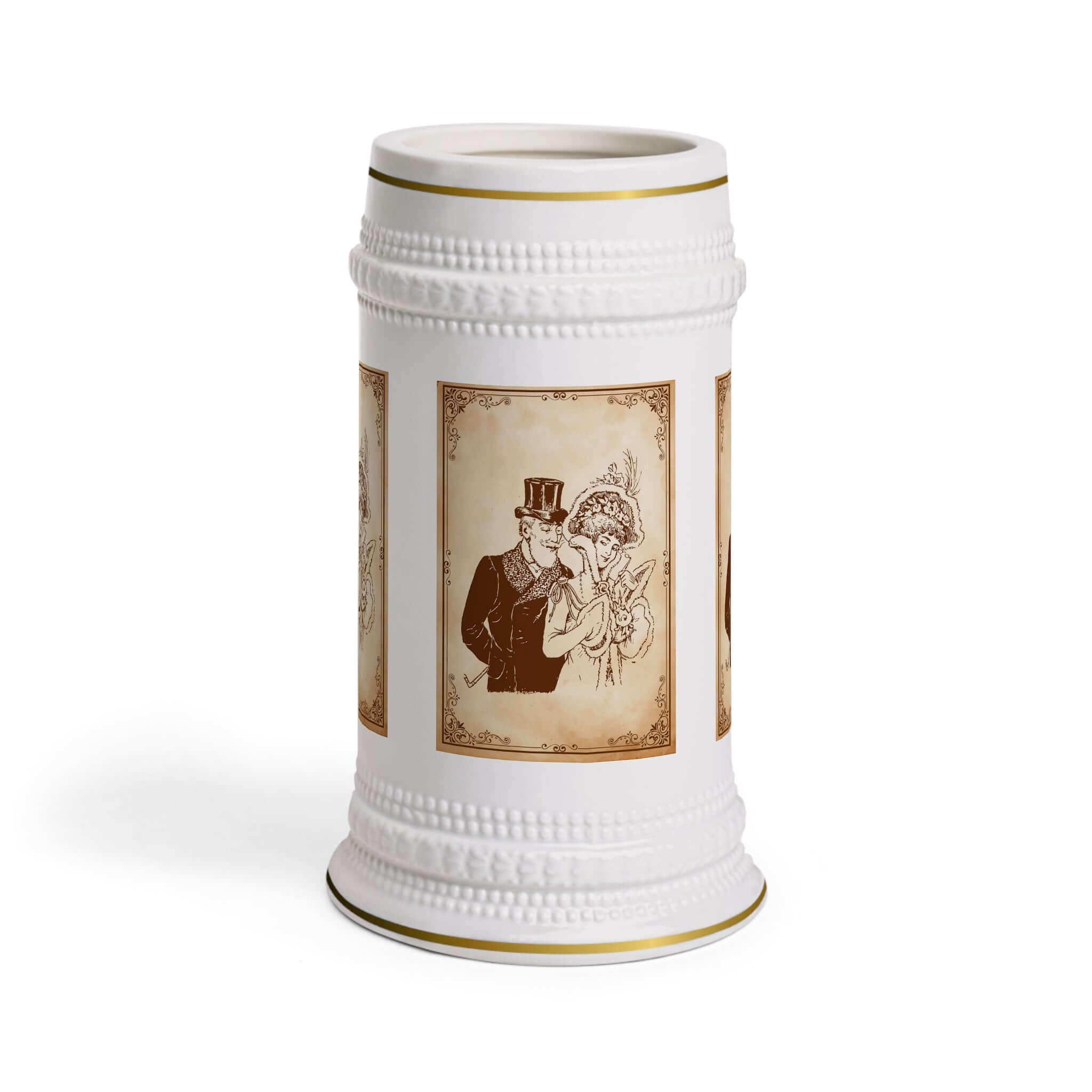 Bierkrug mit viktorianischem Pärchen Motiv, 650 ml, verziert mit sepiafarbenen Illustrationen und goldfarbenem Rand, geeignet für Herren.