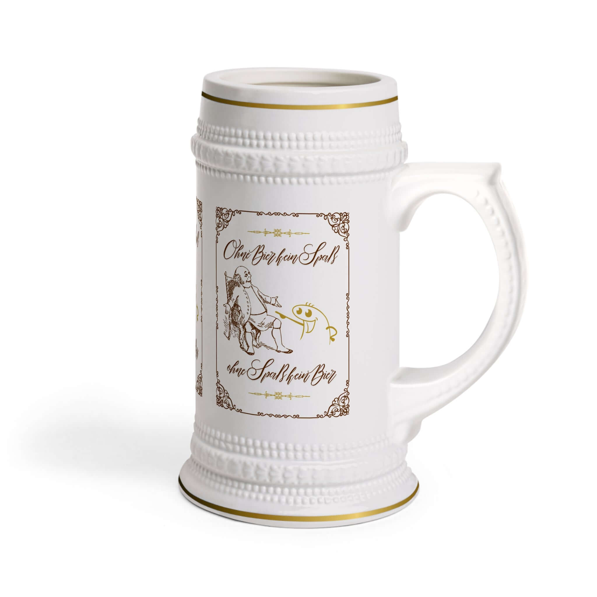 Bierkrug – Vintage mit coolem Spruch Ein Bierkrug ist nicht nur ein Gefäß, sondern ein Statement. Unser Vintage-Design bringt den Charme vergangener Zeiten zurück – kombiniert mit einem Spruch, der für Gesprächsstoff sorgt: „Hopfen, Malz & gute Laune!“