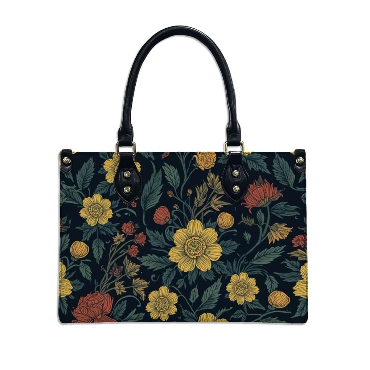 Floral design PU Tote Bag for Women with UV printing, black handles and zipper, perfect for stylish women. Details für PU-Tragetasche für Damen ansehen.