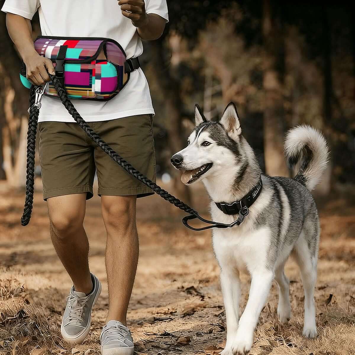Hüfttasche für das Outdoor-Training von Haustieren beim Gassigehen mit einem Hund in der Natur.