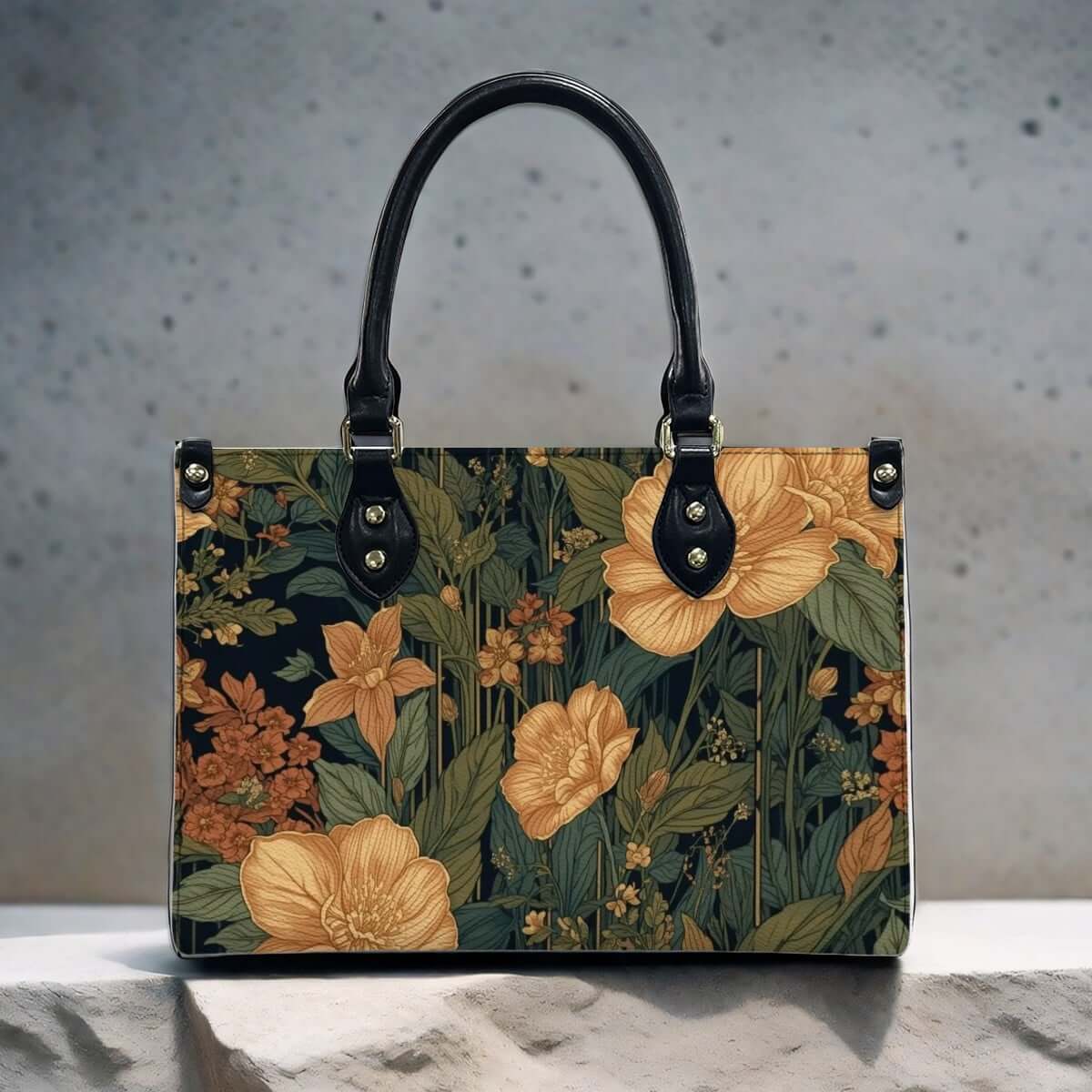 PU-Tragetasche für Damen mit Blumenmuster, schwarze Griffe, hochwertige PU, UV-Druck, Details für PU-Tragetasche für Damen ansehen.