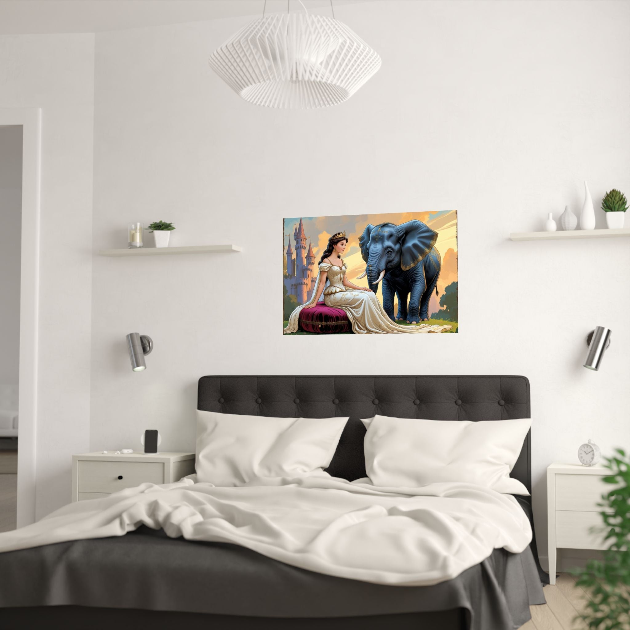 Bezaubernde Satin-Posterkunst – Prinzessin  Elefant, Wohndekor hängt über das Bett