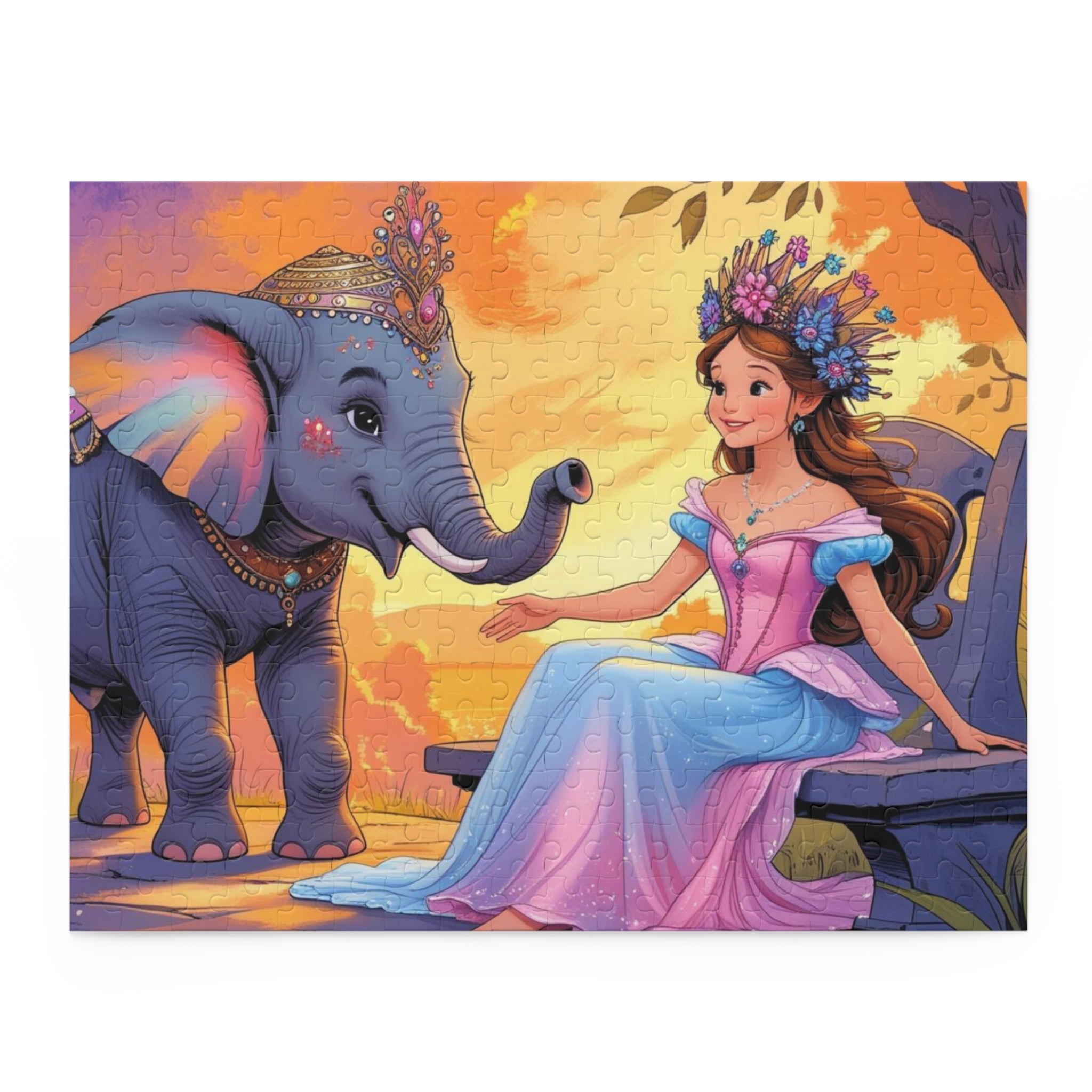 Puzzle Prinzessin & Elefant Sonnenuntergangs