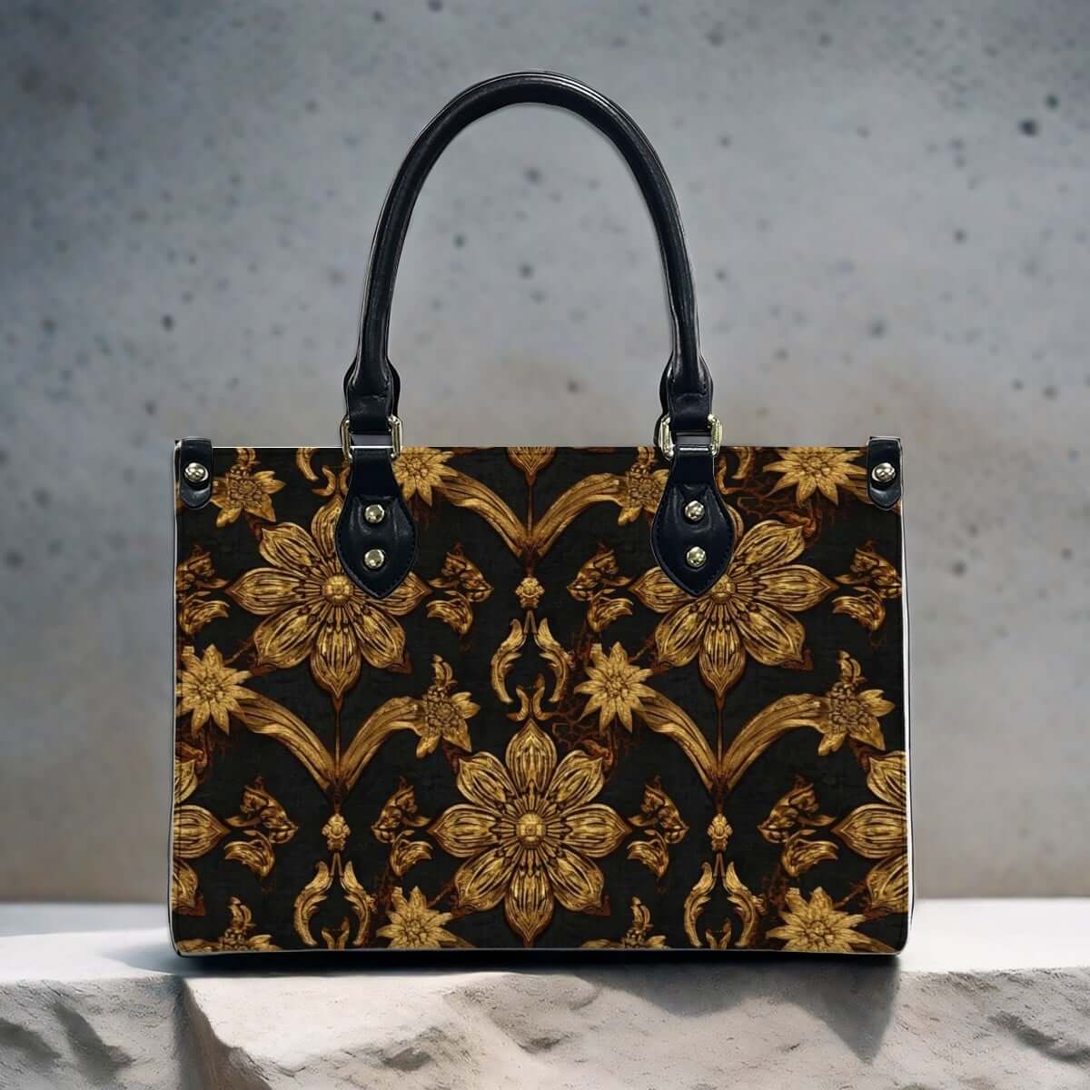 PU Tote Bag for Women with floral pattern design, black handles and zipper, made of high-quality PU material. Details für PU-Tragetasche für Damen ansehen.