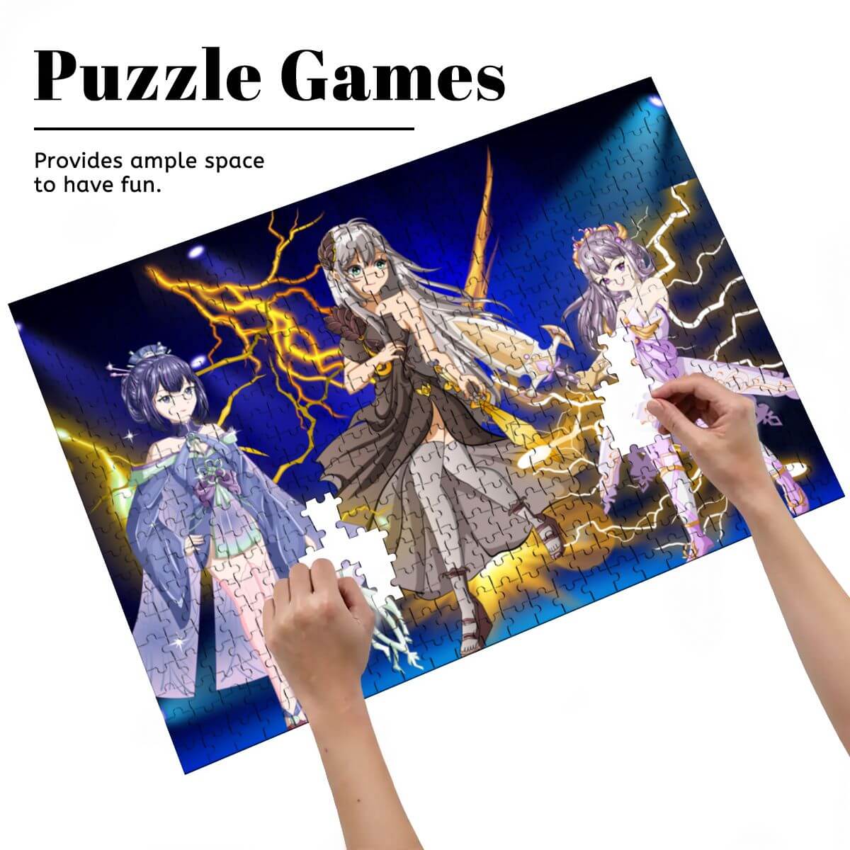 Hände setzen Teile des 500-teiliges Holzpuzzle (horizontal) zusammen, auf buntem Design mit Charakteren.