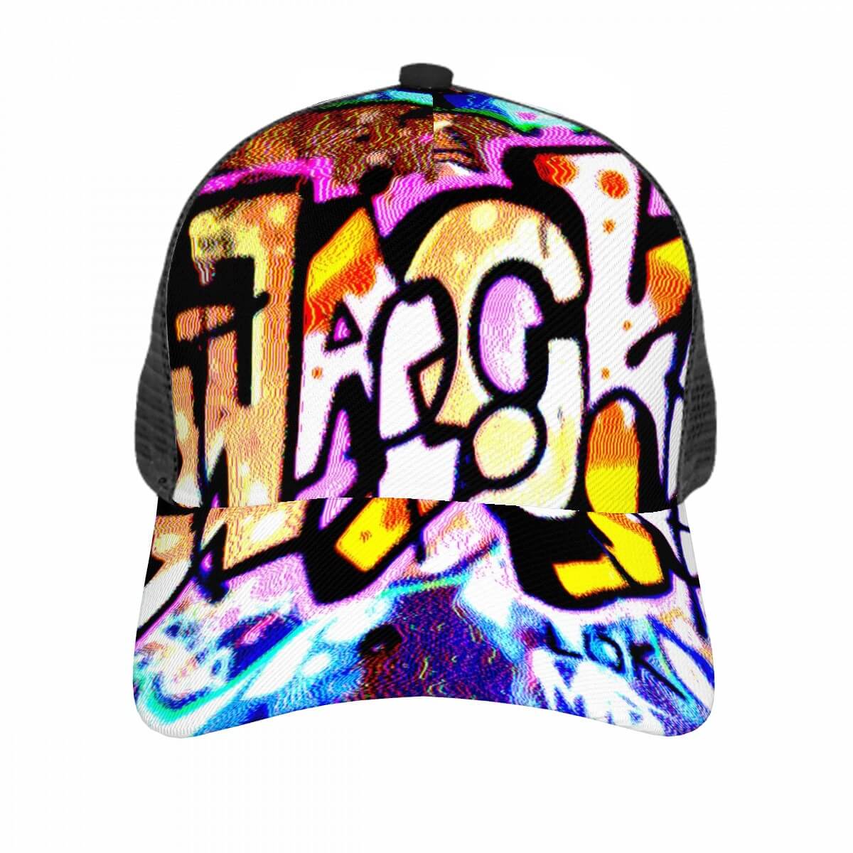 Baseballkappe mit Mesh-Einsatz, bunter Graffiti-Druck, atmungsaktiver Gitterstoff, ideal für Damen Clutch-Geldbörse Kombination