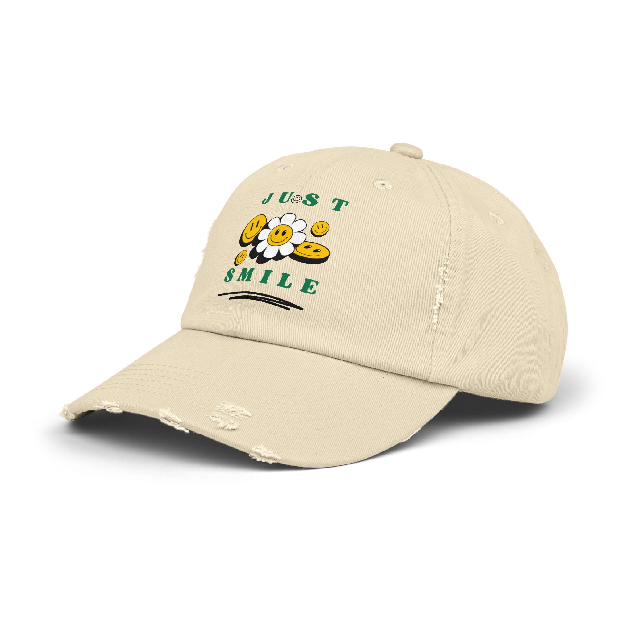 Unisex Distressed Cap mit ein Smile Design in Beige