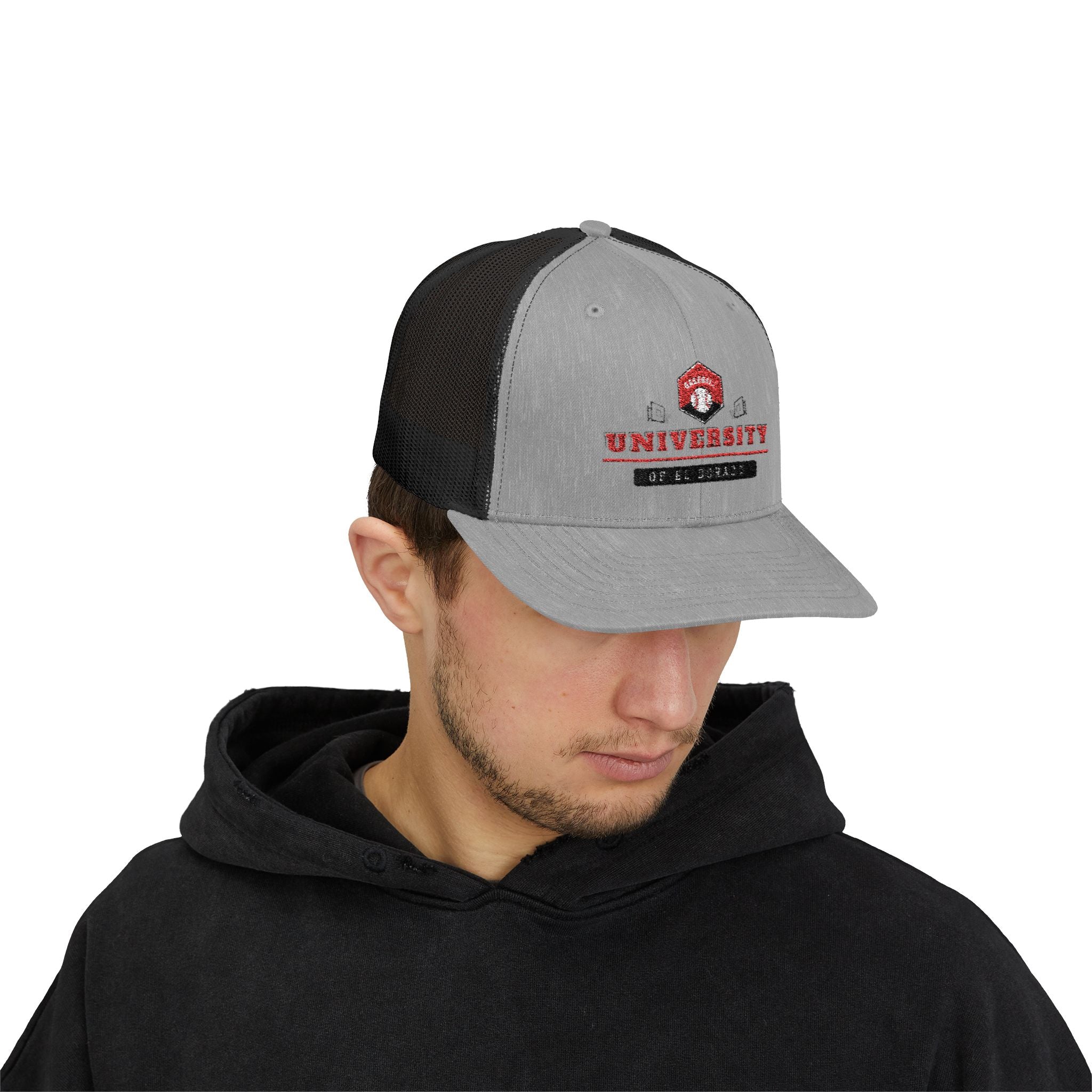 Snapback Trucker Cap auf den Kopf schwarz  grau