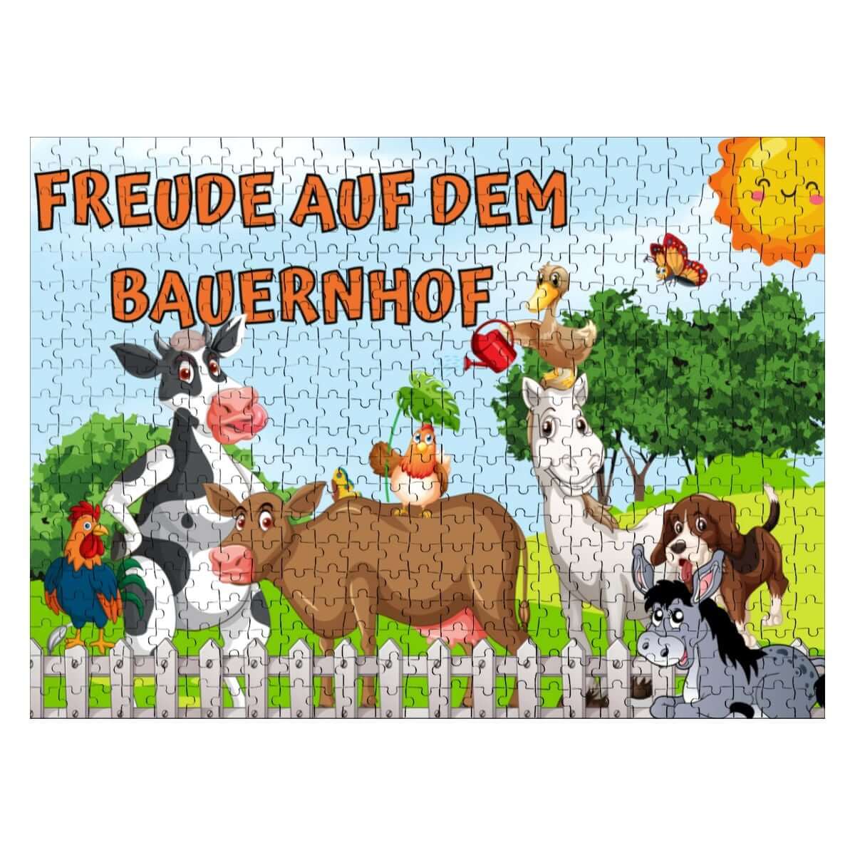 Freude auf dem Bauernhof Puzzle mit Tieren, leuchtenden Farben und einem sonnigen Hintergrund