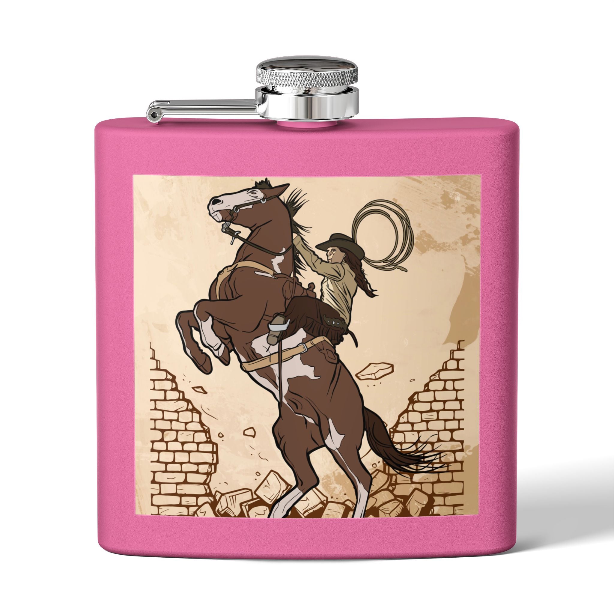 Edelstahl-Flachmann mit Cowboy-Motiv Trinkgefäß für Abenteurer  pink