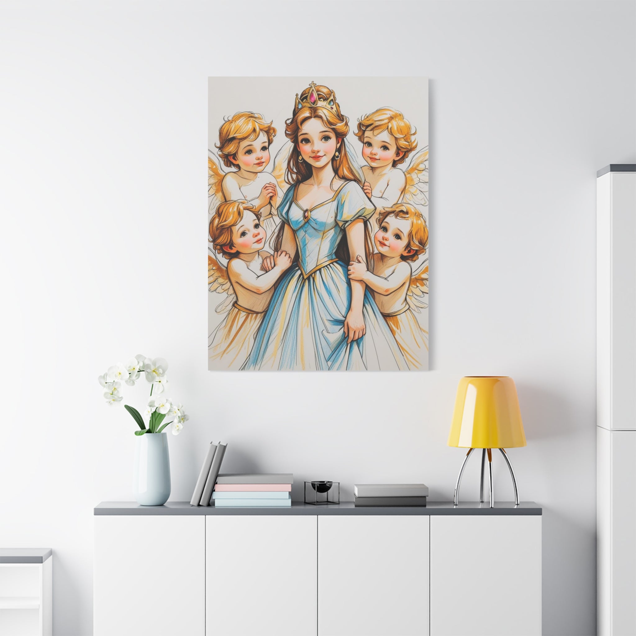 Prinzessin mit ein Seiden mehrfarbiges  blaues Kleid und kleine Engel in Mal Motiv in Großformat als Leinwand an die Wand