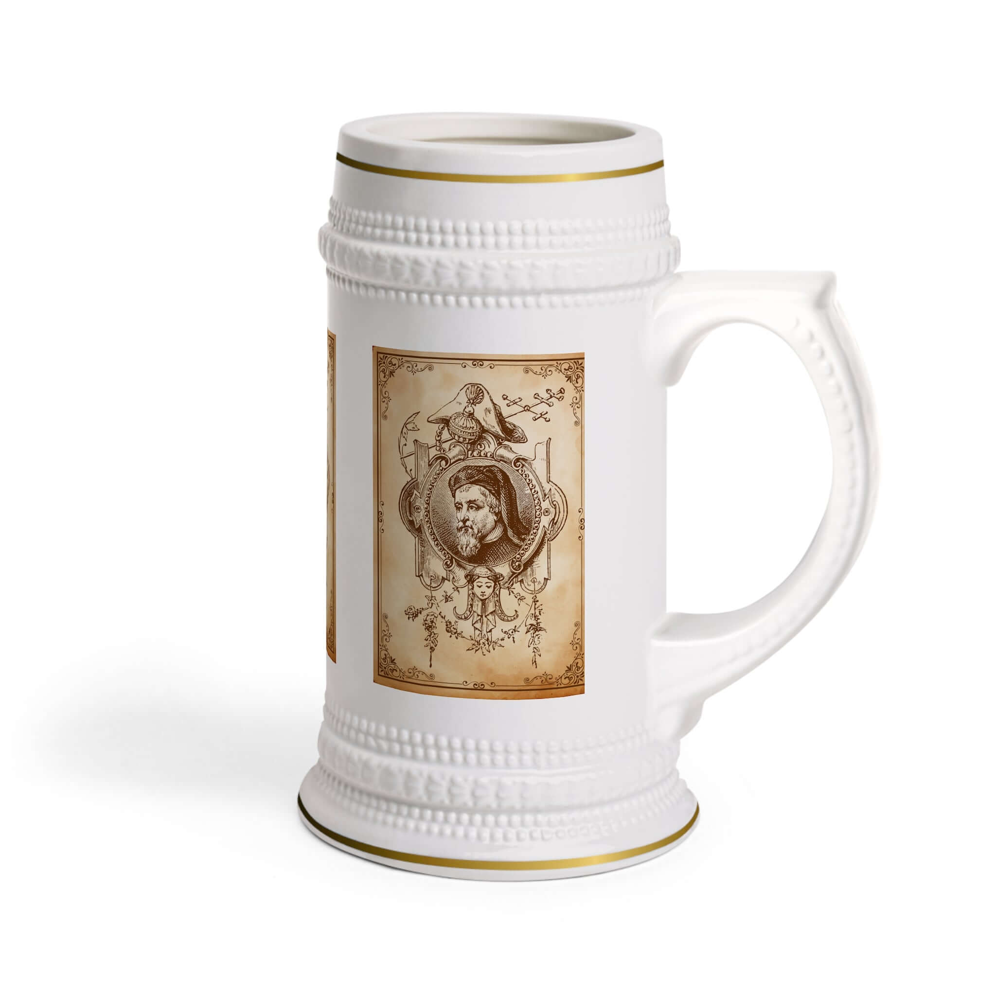 Bierkrug mit Porträtmotiv – Antikes Sepia-Gentleman-Design Ein Bierkrug, der Geschichte erzählt und Eleganz ausstrahlt. Das antike Sepia-Design mit Gentleman-Porträt macht ihn zu einem besonderen Sammlerstück und Alltagsbegleiter: Design: Klassisches Por