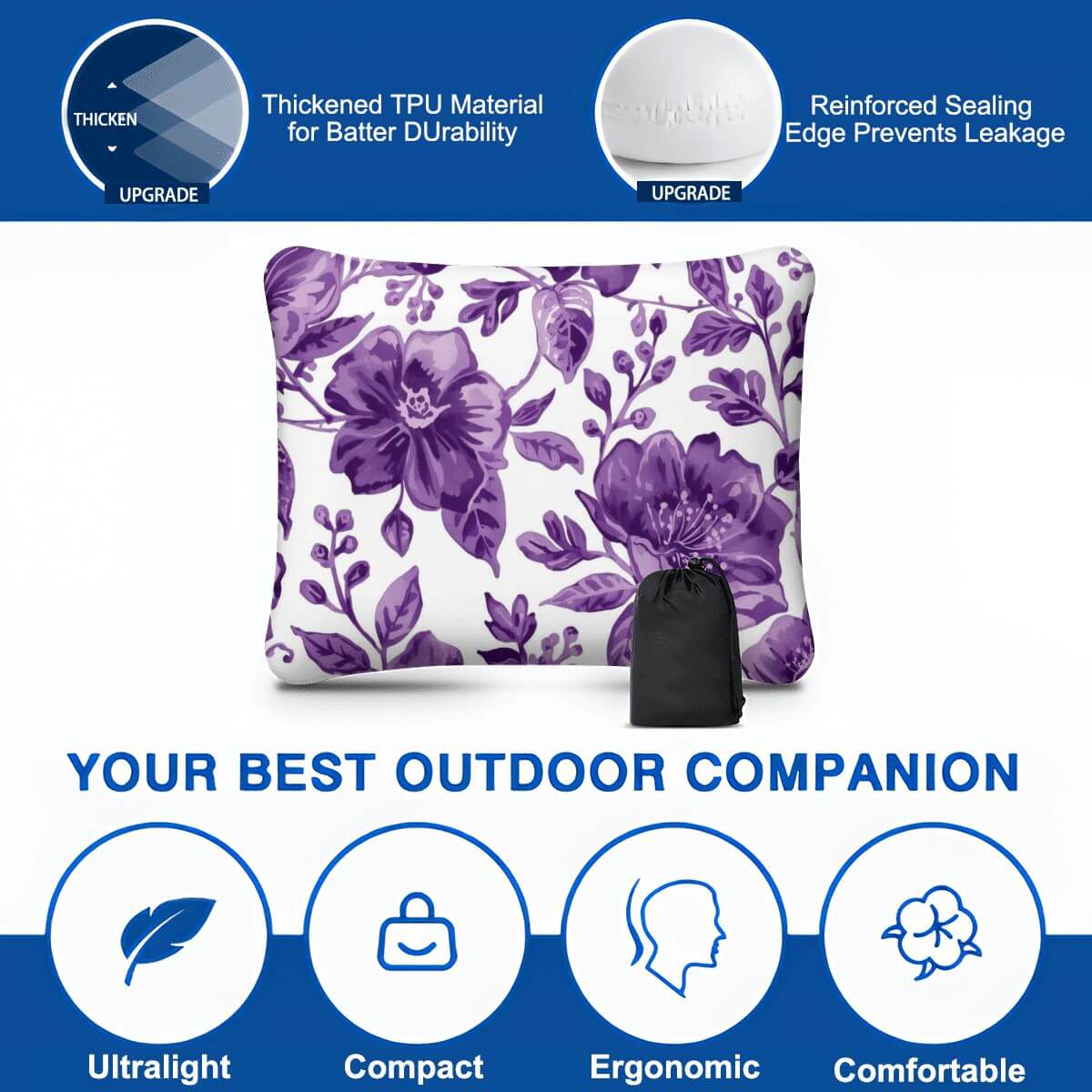Video Aufblasbares Campingkissen mit lila Blumenmuster, hautfreundlich, leicht, kompakt und ergonomisch für Outdoor-Aktivitäten.