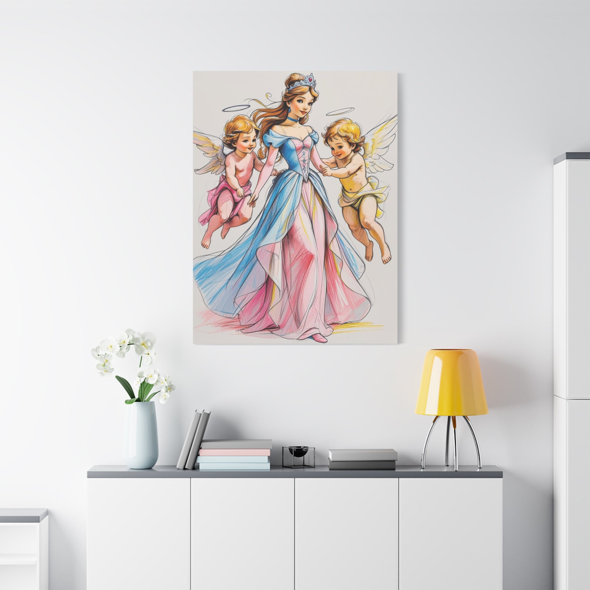 Prinzessin mit ein Seiden mehrfarbiges Kleid und kleine Engel in Mal Motiv in Großformat über ein Schrank