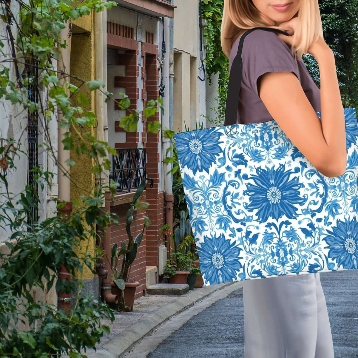 Frau mit große Schultertasche für Damen, blaues Blumenmuster, 100% Polyester, sublimierter Druck, spaziert in urbaner Umgebung.