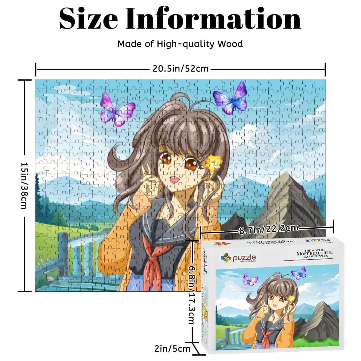 500-teiliges Holzpuzzle (horizontal) aus Lindenholz mit UV-Druck, zeigt Mädchen mit Schmetterlingen, langlebig und formstabil.