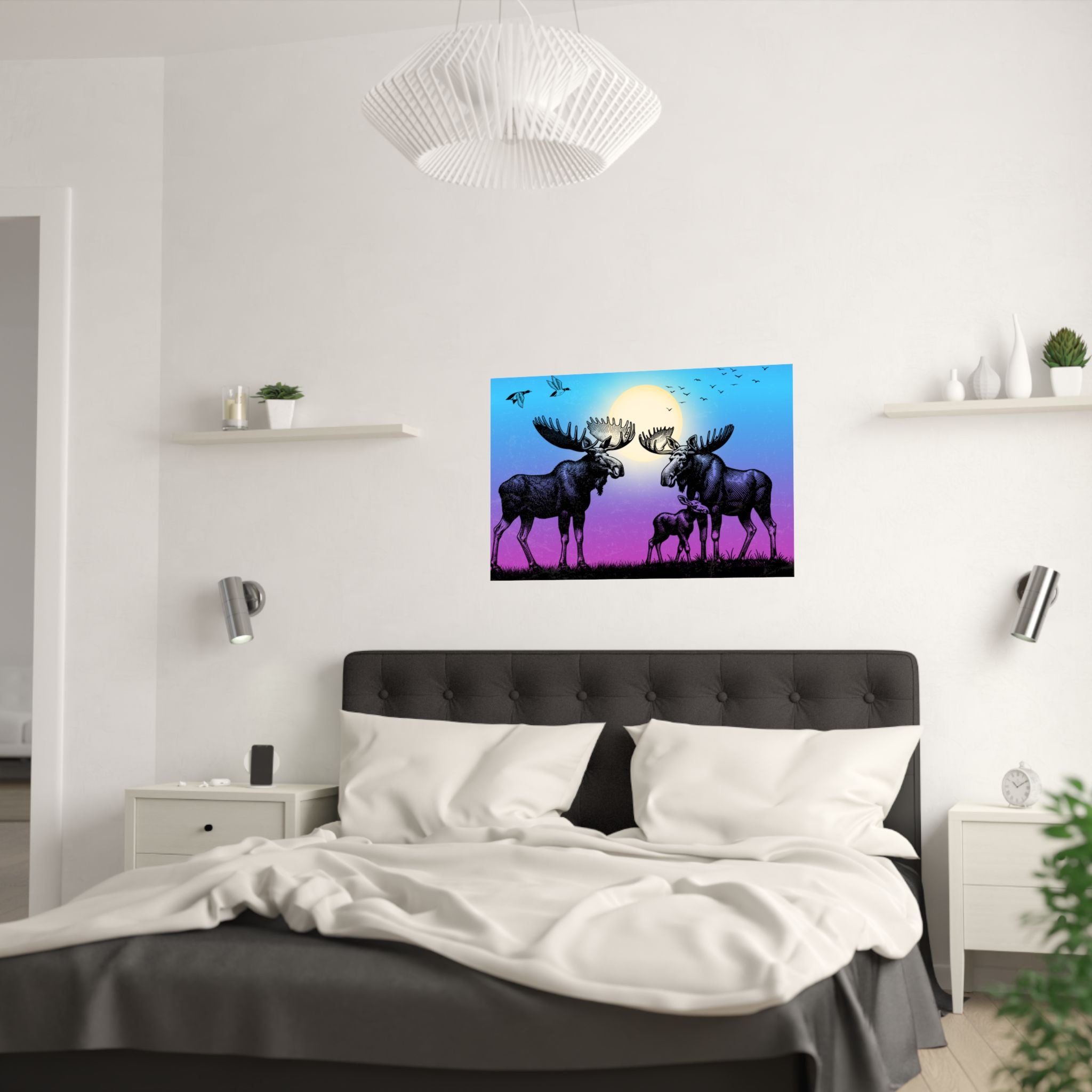 Elch Familie Satin Poster Kunstdruck, Wildlife Dekor, Naturliebhaber Schatten Poster über das Bett