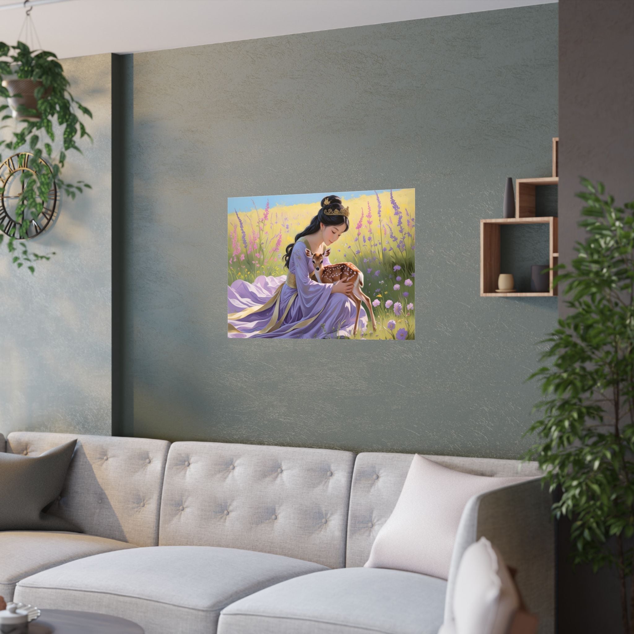 Zauberhafte Satin-Wandkunst: Wunderliches Naturposter  mit eine Prinzessin und ein Rehkitz hängt über das  Sofa