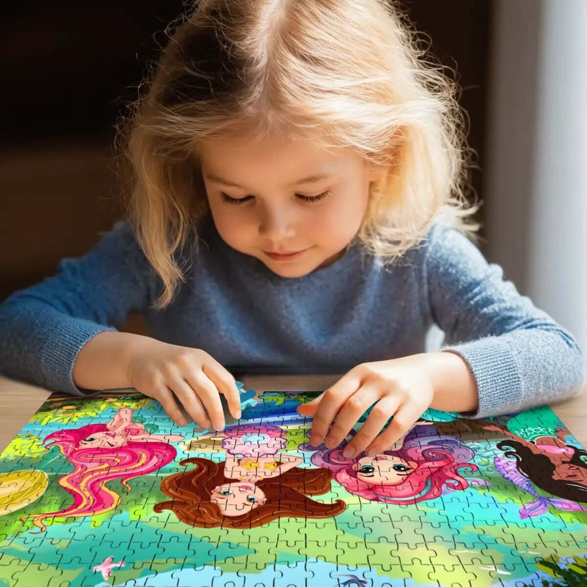 Ein Kind, das konzentriert an einem Holzpuzzle, 500 Teile (horizontal) arbeitet, umgeben von bunten Figuren.