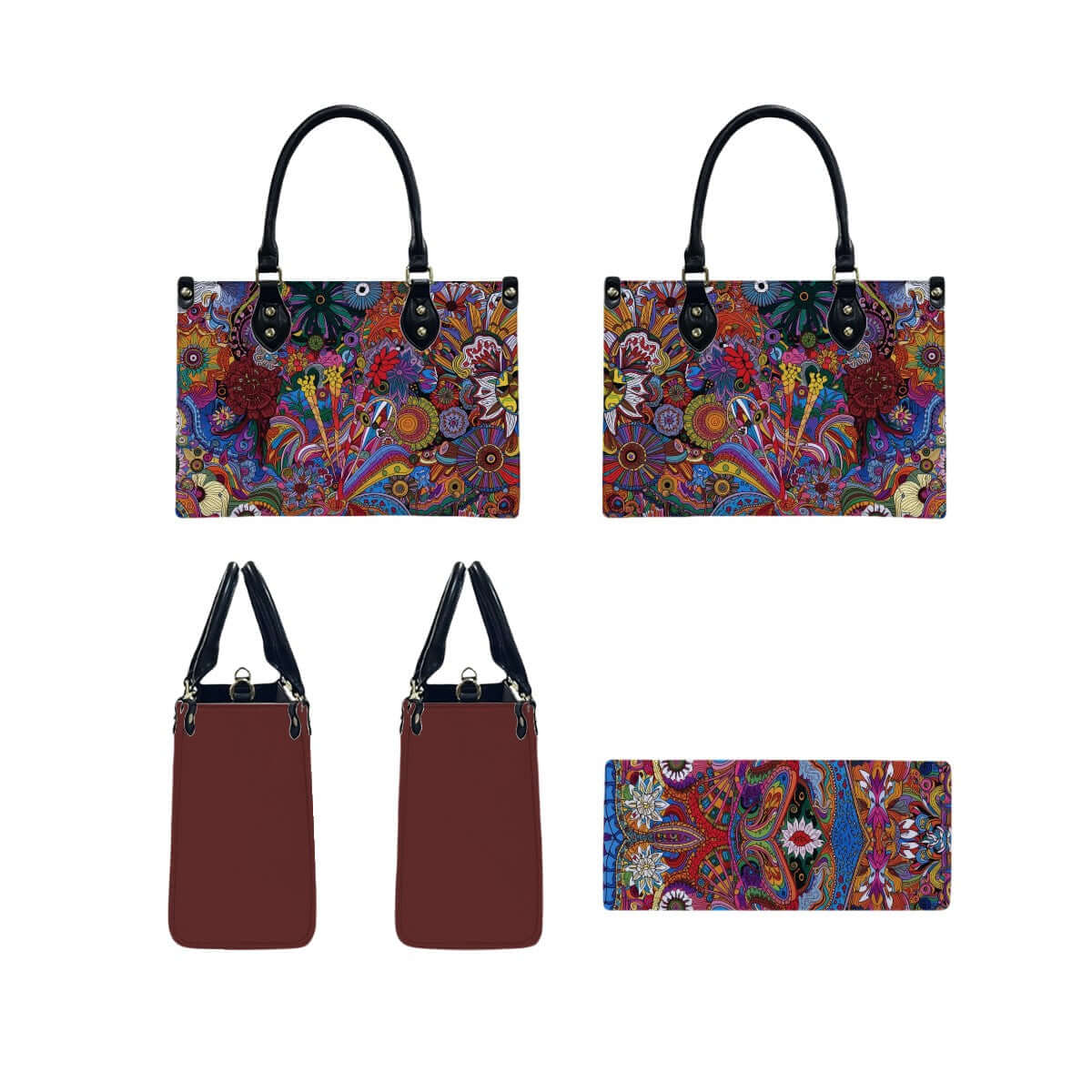 Colorful PU Tote Bag for Women with black handles, UV printed pattern, and multiple views. Details für PU-Tragetasche für Damen ansehen.