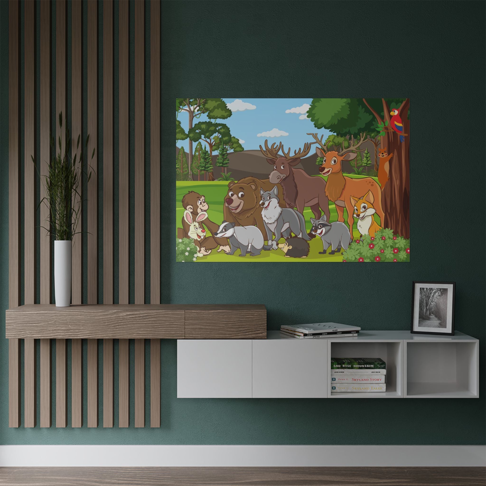 Wildlife Satin Poster, Tier Kunstdruck, Kinderzimmer Dekor über eine Anrichte
