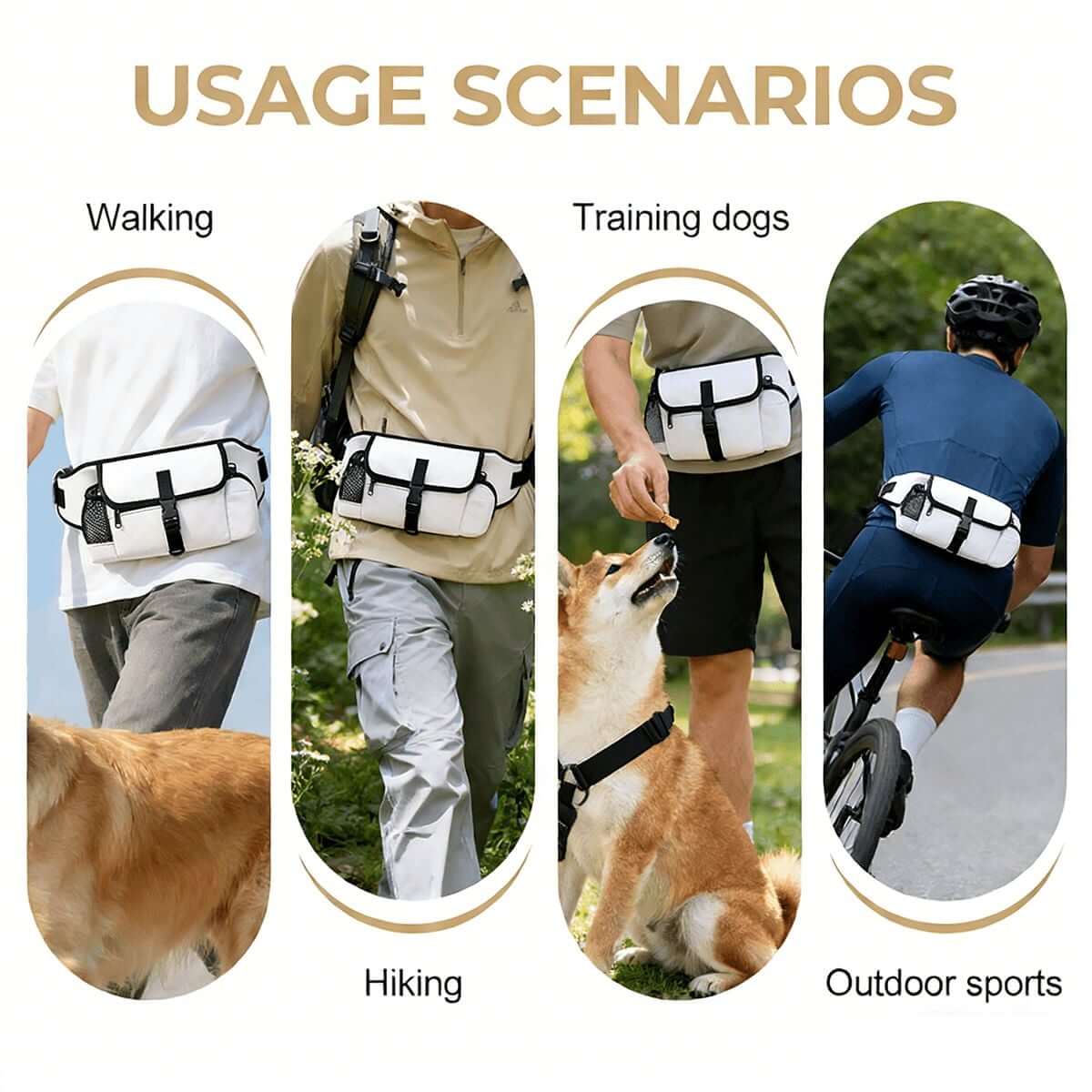 Hüfttasche für das Outdoor-Training von Haustieren in verschiedenen Nutzungsszenarien wie Wandern und Radfahren.