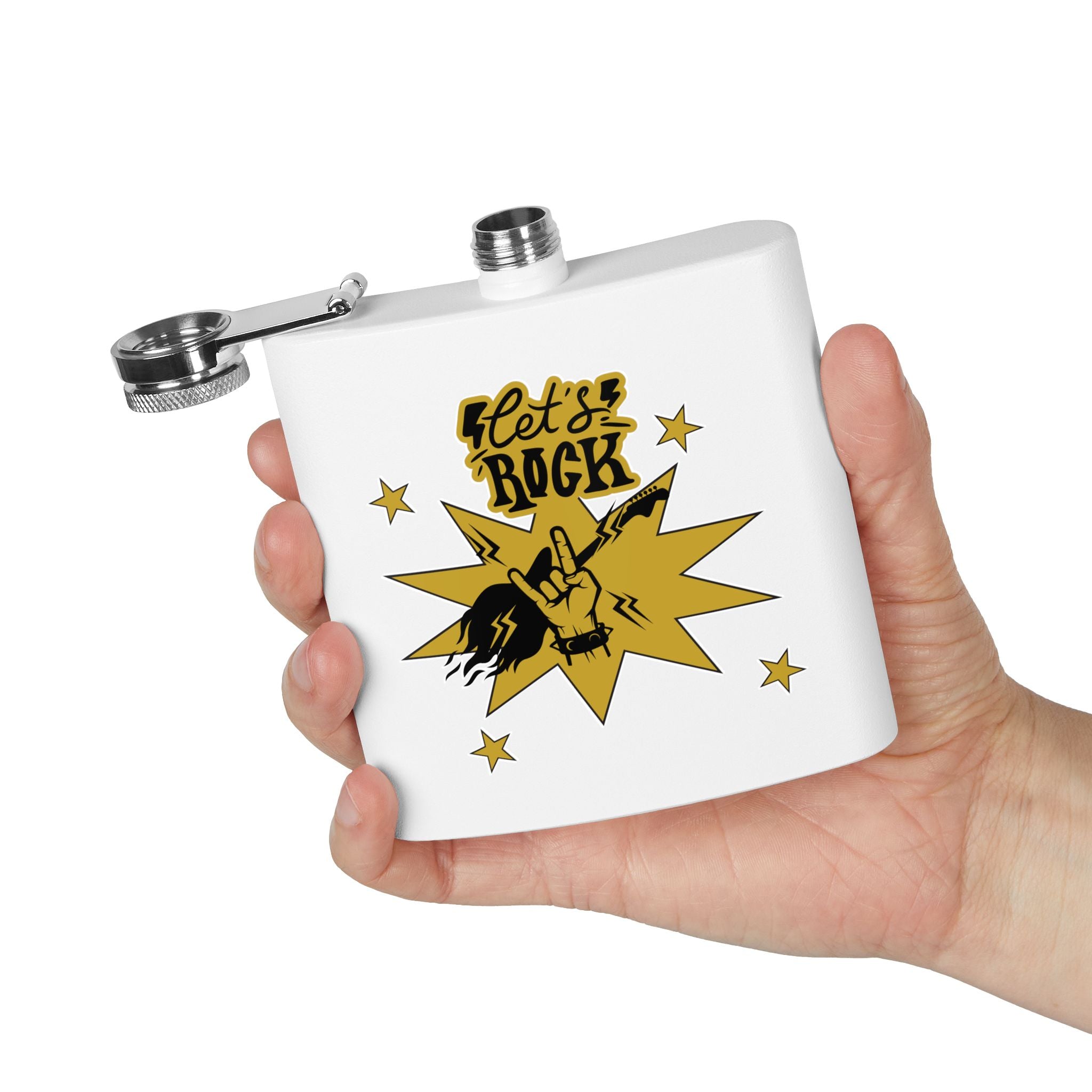 Edelstahl-Flachmann „Rock On“ – 170 ml „Let’s Rock“-Design für Musikliebhaber weiß in der Hand