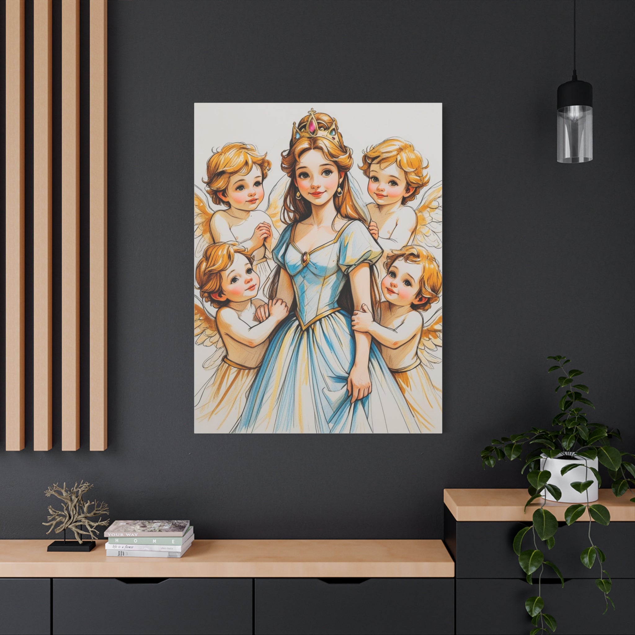 Prinzessin mit ein Seiden mehrfarbiges  blaues Kleid und kleine Engel in Mal Motiv in Großformat als Leinwand über eine Anrichte