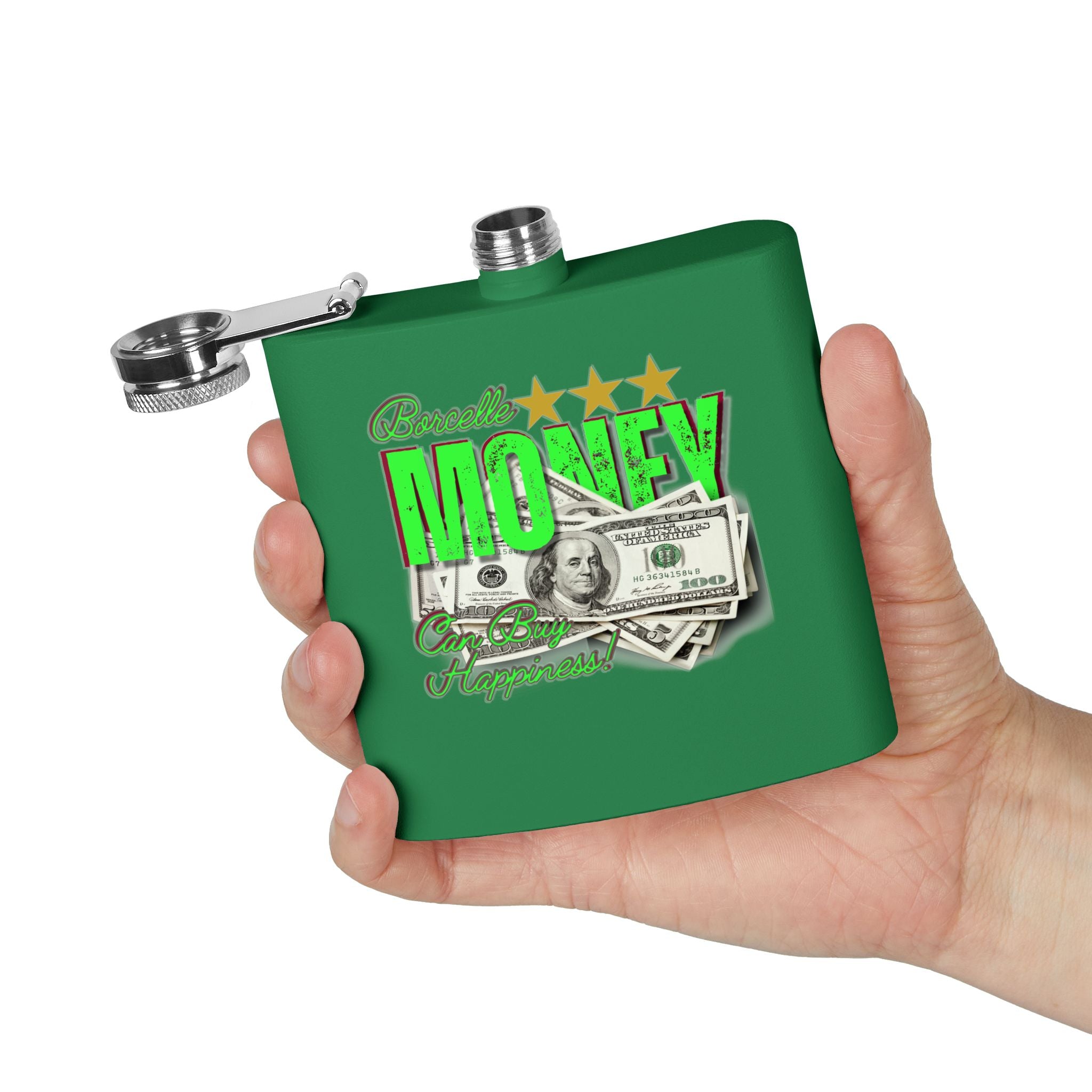 Edelstahl-Flachmann – 170 ml – perfektes Geschenk mit ein Geldscheine Design in Grün in der Hand