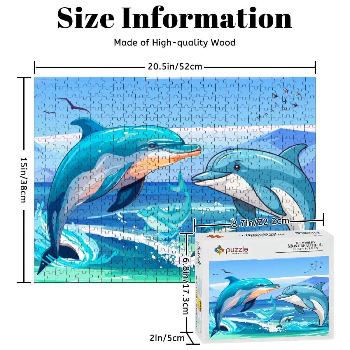 500-teiliges Holzpuzzle (horizontal) mit Delfinen, aus hochwertigem Lindenholz, 52x38 cm, UV-Druck, langlebig.