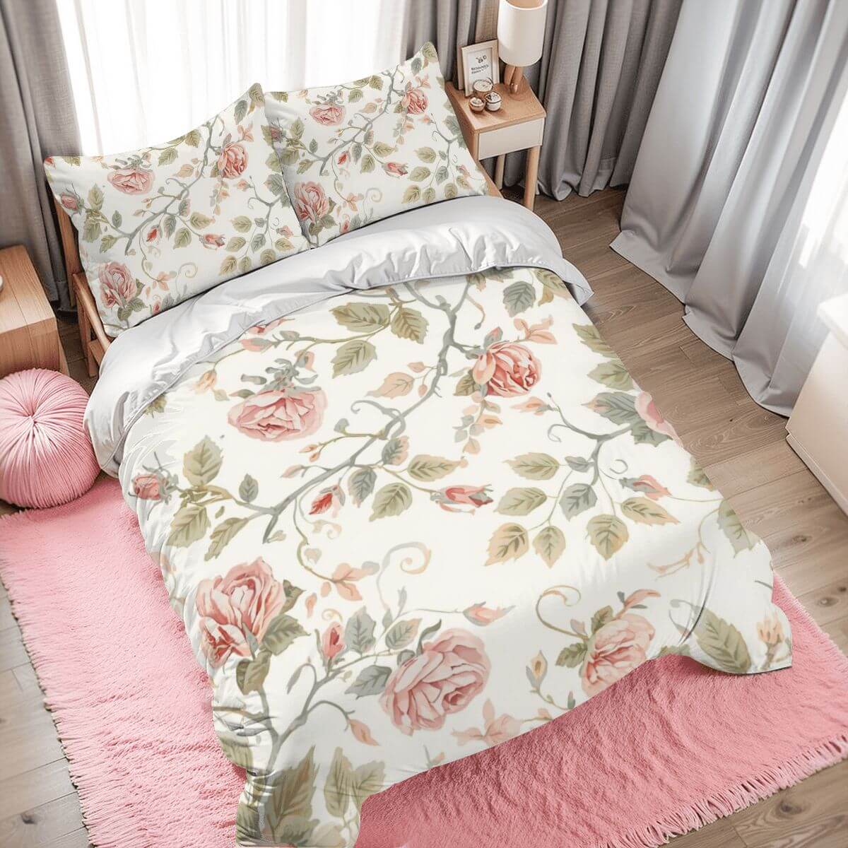 Komplettes Bettwäscheset aus 90GSM Polyester mit floralen Prints, Bettbezug 80x90 Zoll, Kissenbezüge 30x20 Zoll, Sublimationsdruck.