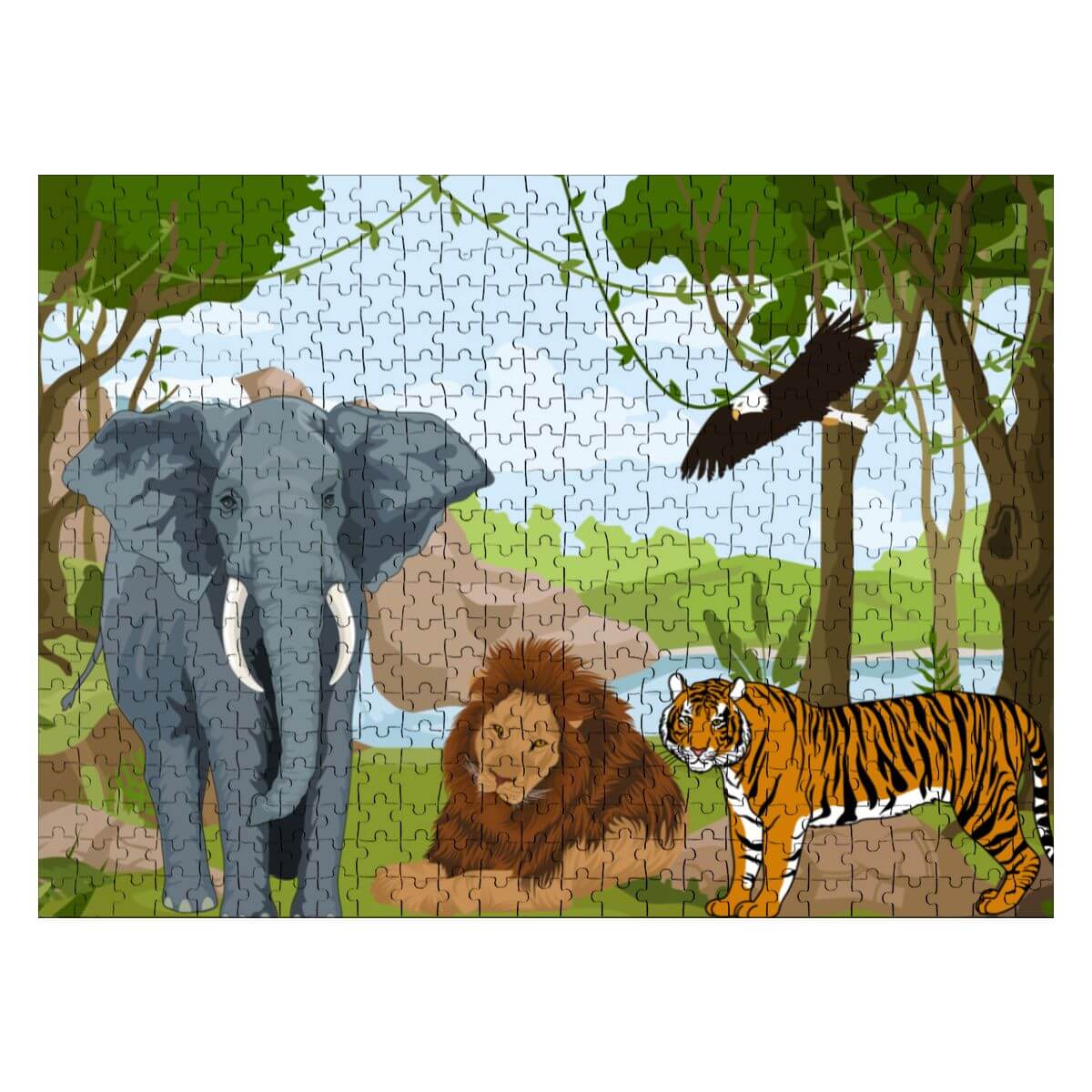 500-teiliges Holzpuzzle (horizontal) mit Elefant, Löwe und Tiger in einem Dschungel-Szenario