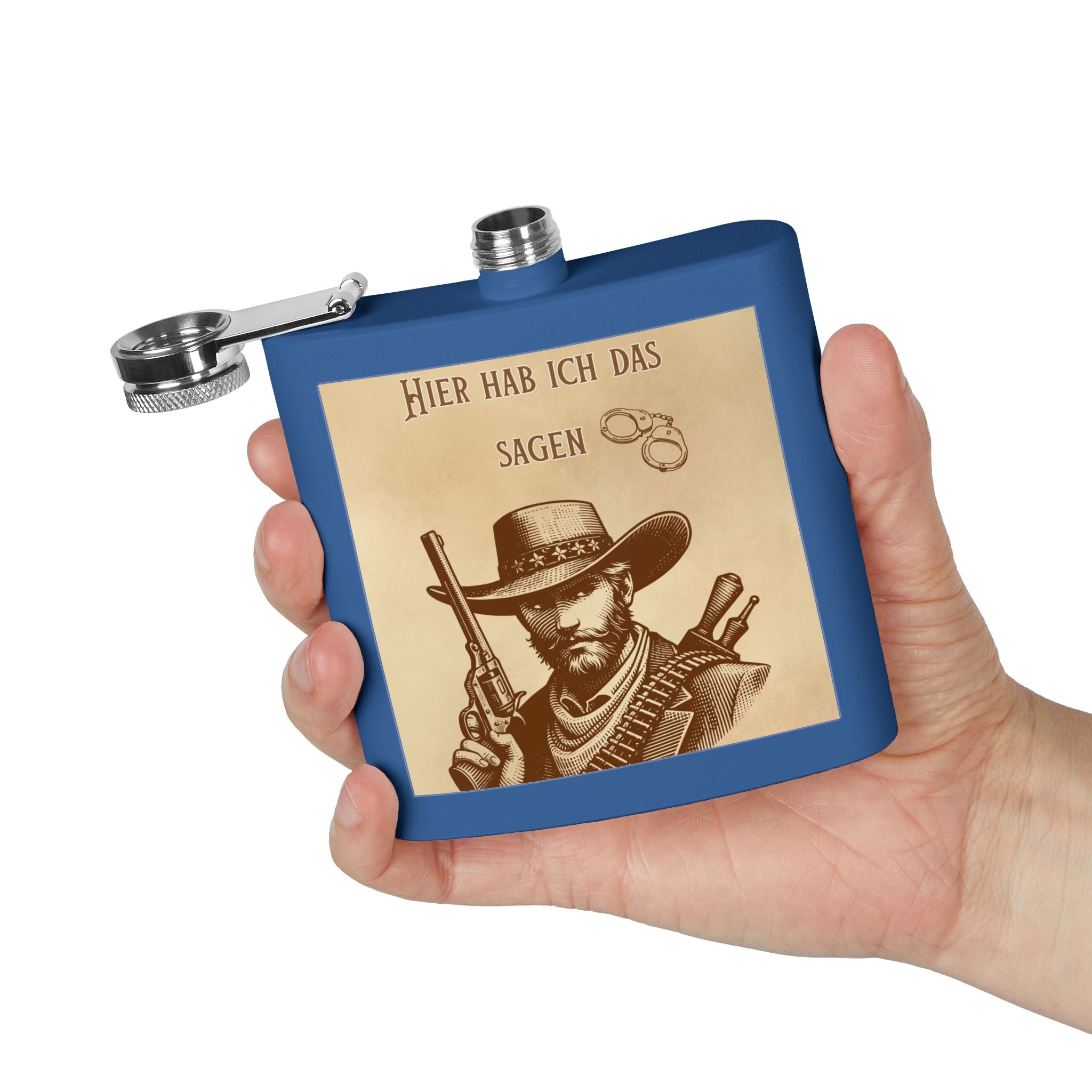 Western Cowboy Flask, Einzigartiges  Edelstahl Flachmann  Blau in der Hand