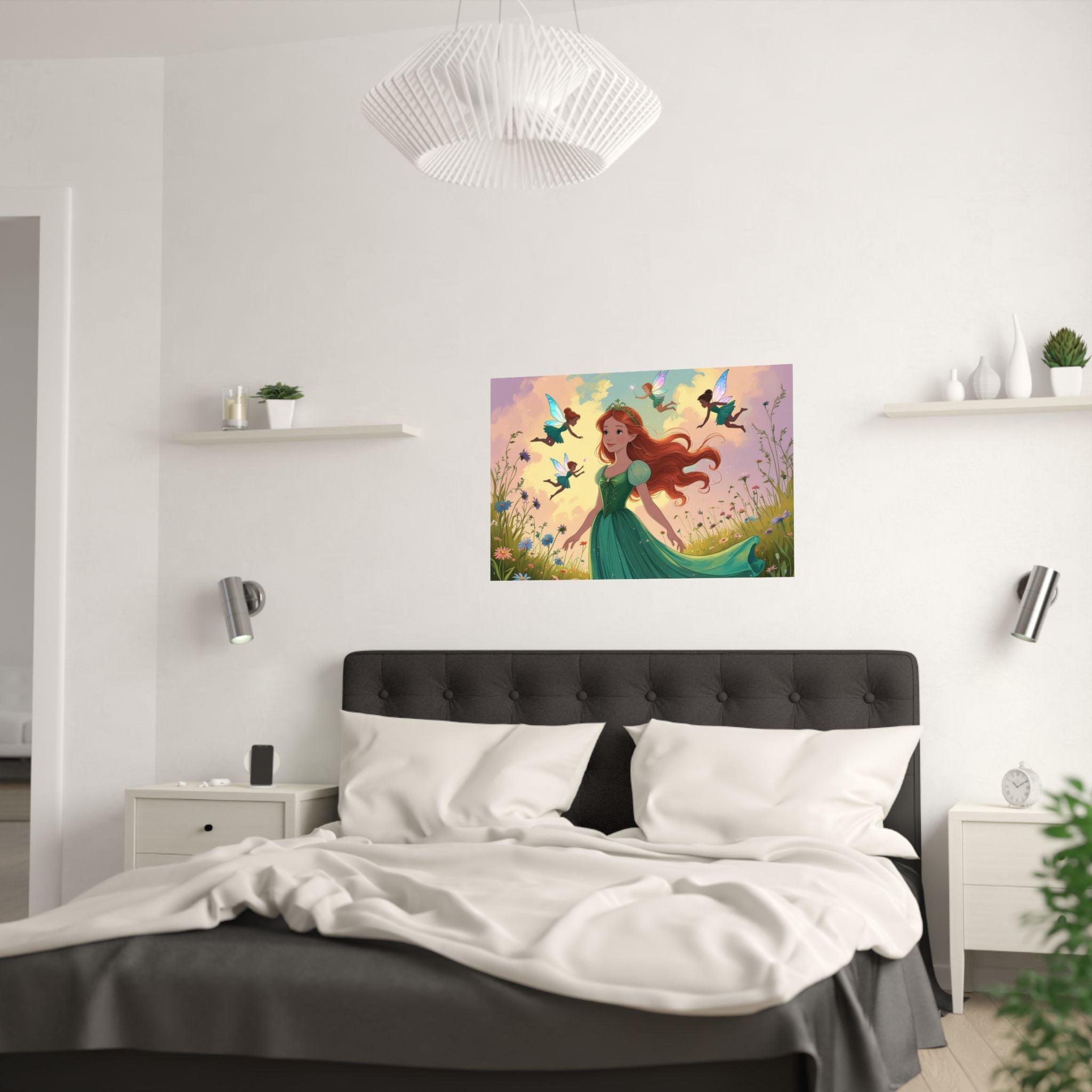 Märchen Satin Poster, Zauberhafte Wandkunst mit einer Prinzessin und Feen  hängt über das Bett