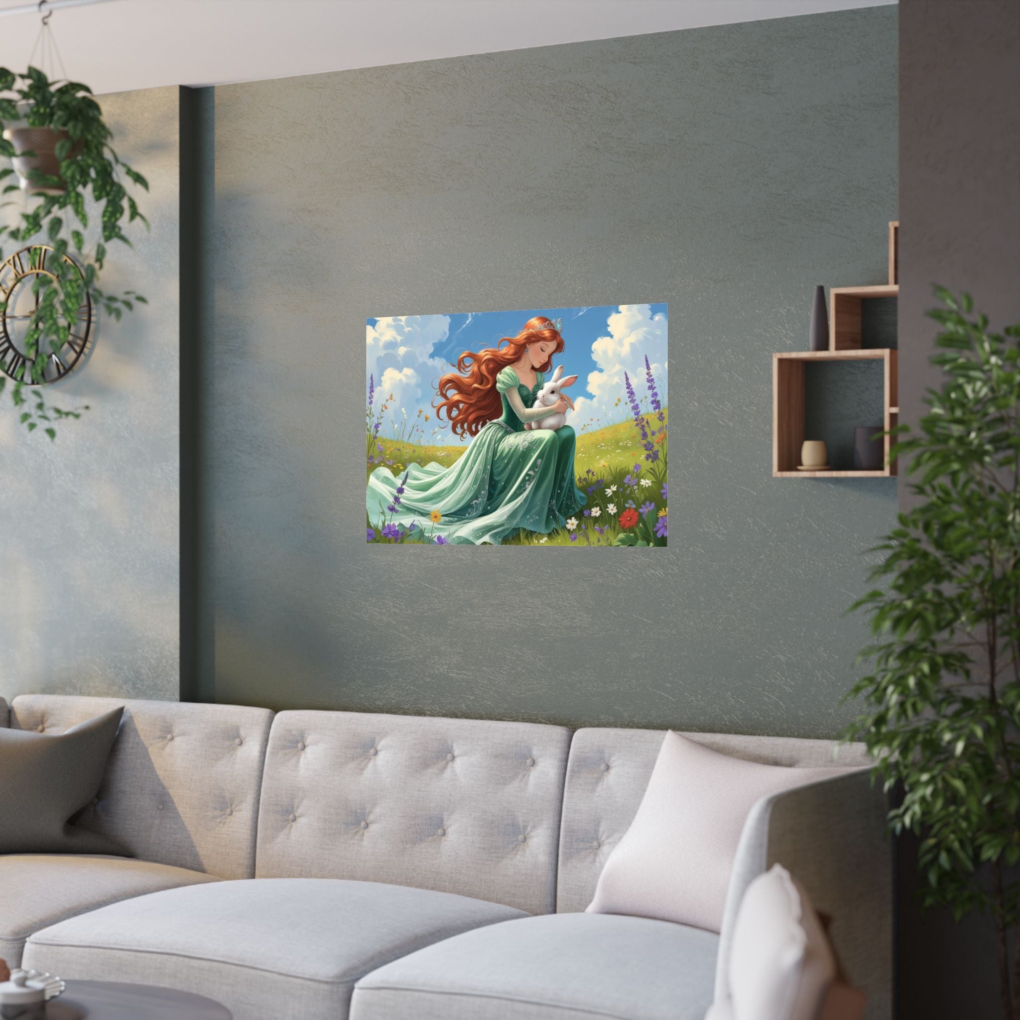 Wunderliches Satin Poster, Zauberhafte  Prinzessin & Hase Design hängt über das  Sofa