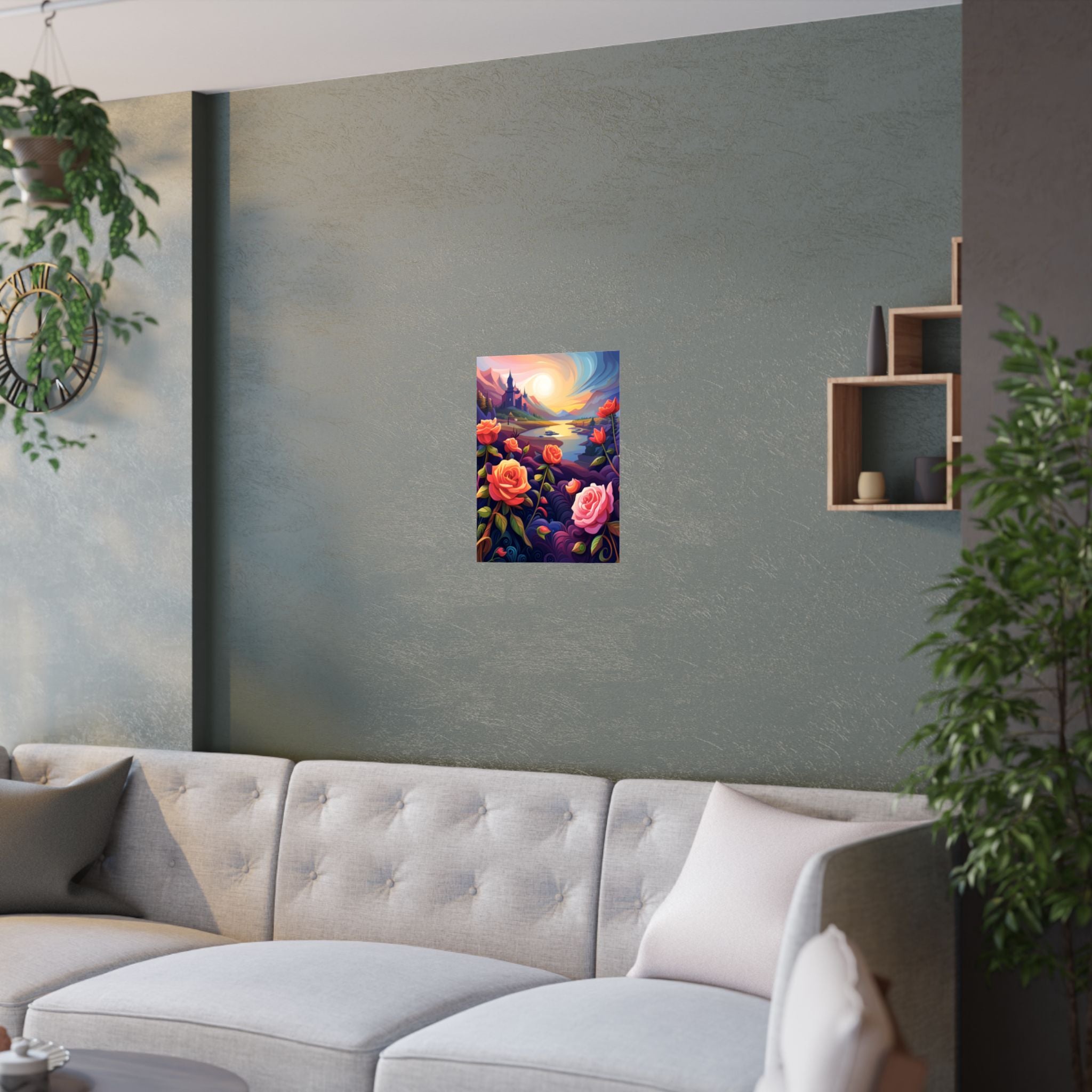 Satinblumen Poster Kunstdruck, Romantisches Wanddekor, Florales Kunstwerk über das Sofa