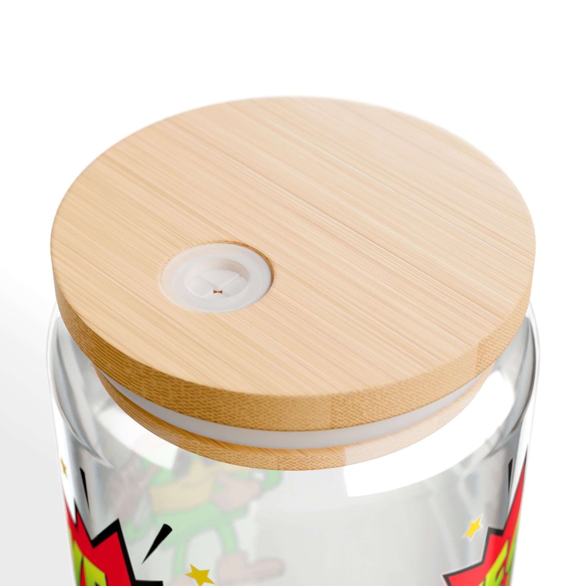 Details für Trinkglas mit Cartoon-Motiv, Bambusdeckel und Strohhalm