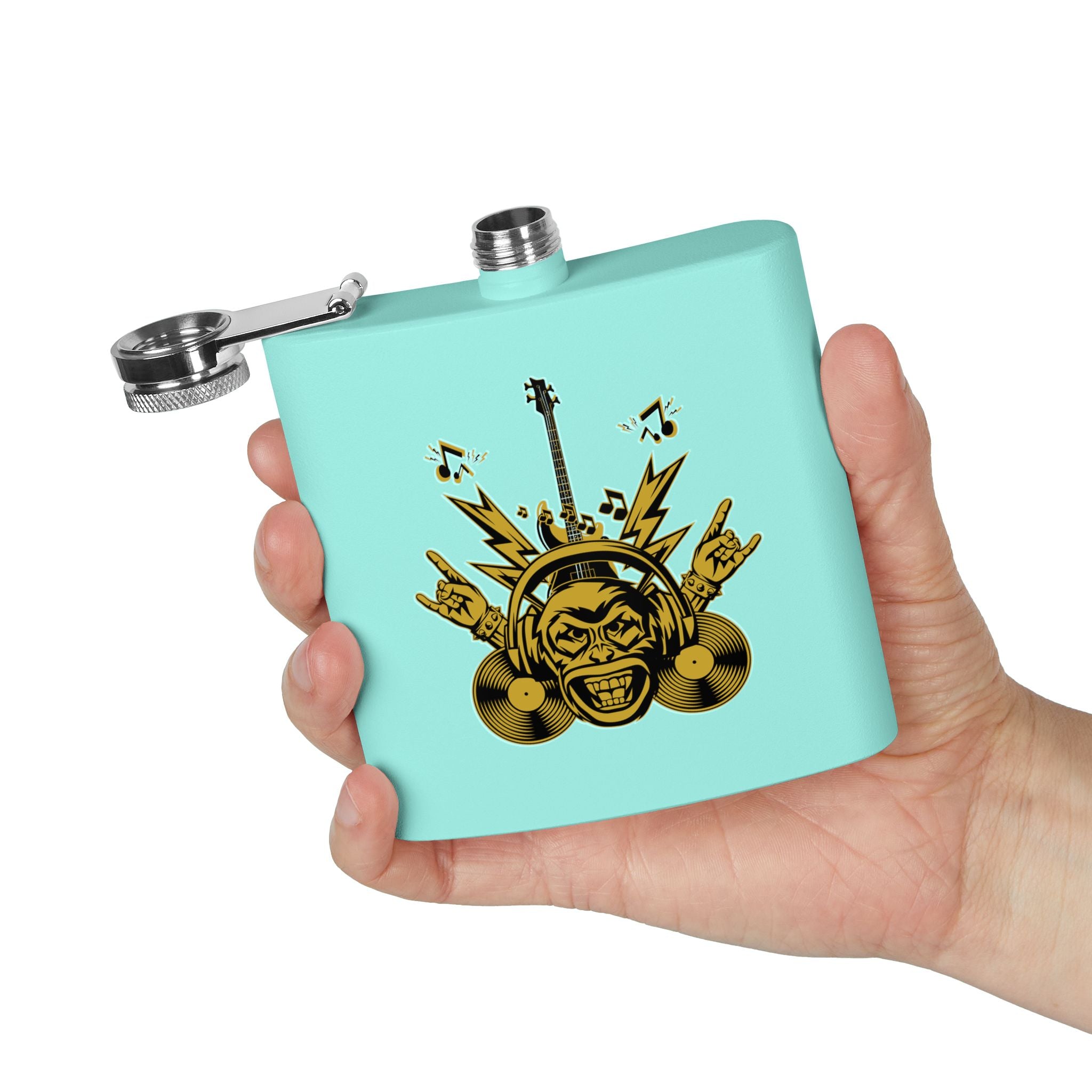 Rockin' Music Lover's Flachmann - 6oz Edelstahl-Flachmann türkis in der Hand