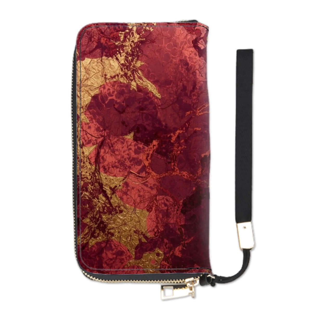 Clutch Wallet for Women with red and gold floral print, made of high-quality PU, featuring large capacity and card slots. Clutch-Geldbörse für Damen.