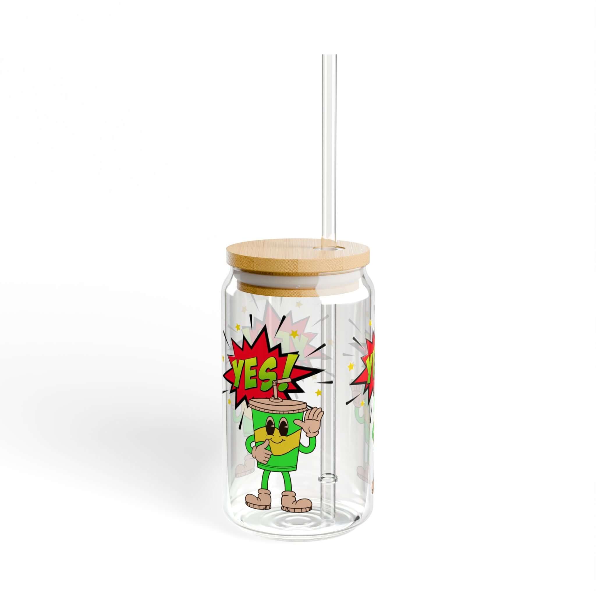 Details für Trinkglas mit Cartoon-Motiv, Bambusdeckel und Strohhalm