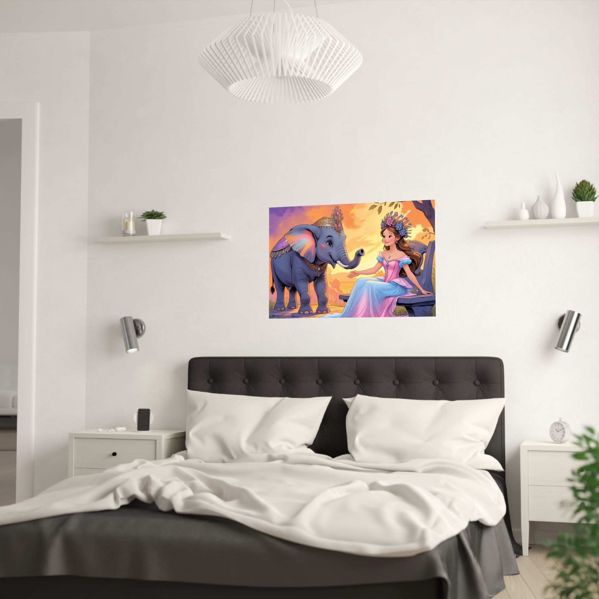 Skurriler Wandkunstdruck, Satinposter für das Kinderzimmer mit einer Prinzessin und ein Elefant