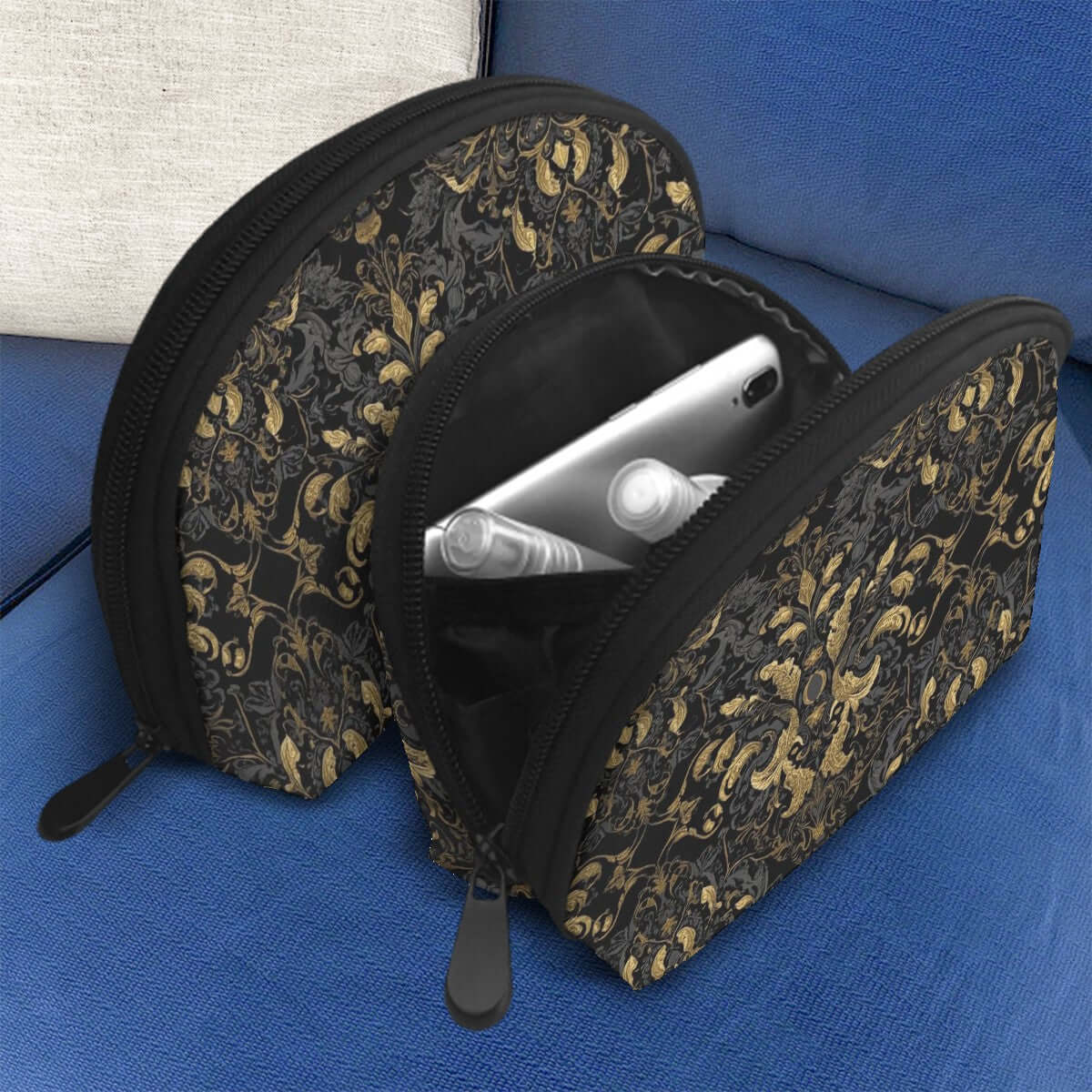 Aufbewahrungsbeutel-Set (2 Stück) aus Polyester, große und kleine Größe, einseitiger Druck, öffnender Reißverschluss, Design mit Handy und Zubehör.