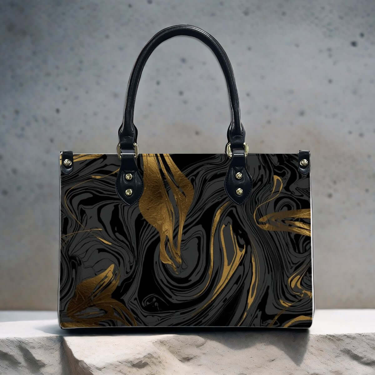 PU-Tragetasche für Damen mit schwarz-goldenem Muster, UV-Druck, Aufbewahrungsbeutel-Set (2 Stück) enthalten, Größe M, hochwertiges PU-Material