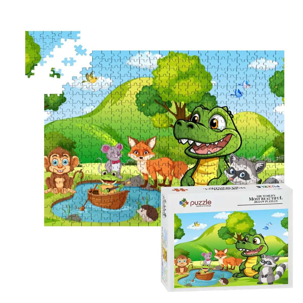 500-teiliges Holzpuzzle (horizontal) mit bunten Tieren in einer Landschaftszene, Teile und Verpackung abgebildet.