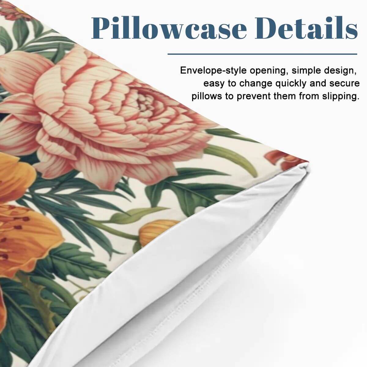 Komplettes Bettwäscheset mit Blumenmuster, Detailansicht des Kissenbezugs mit Umschlagöffnung für einfache Handhabung.