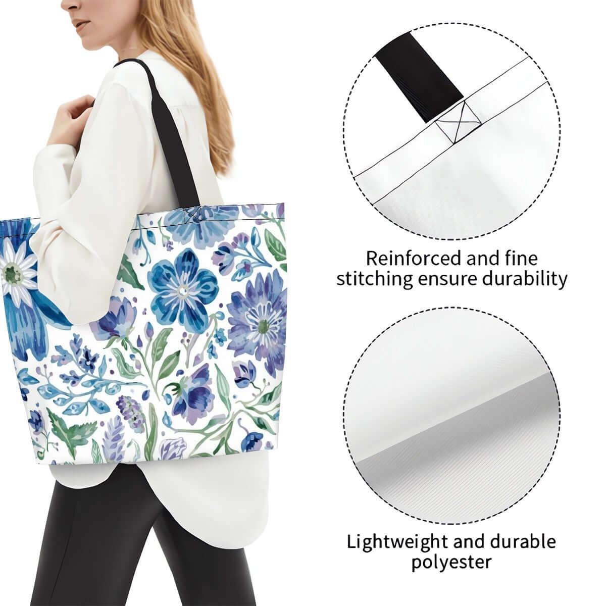 Große Schultertasche für Damen mit Blumenmuster, langlebigem Polyester, verstärkten Nähten und leichtem Design