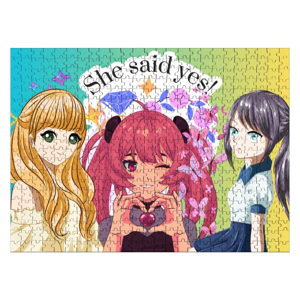 500-teiliges Holzpuzzle (horizontal) mit buntem Design und dem Text "She said yes!"