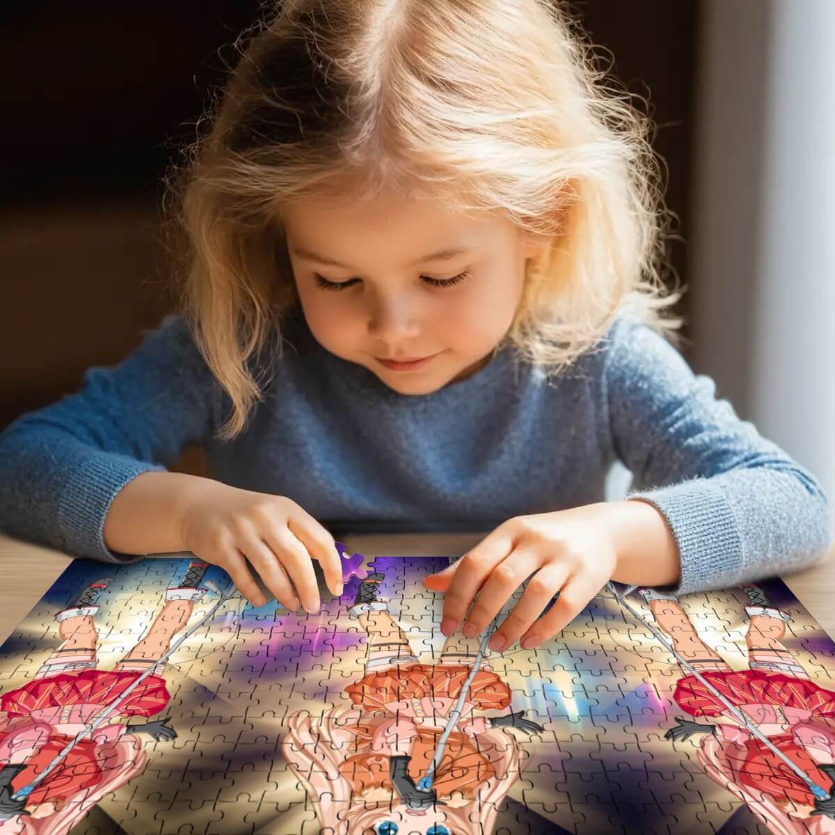 Mädchen puzzelt ein 500-teiliges Holzpuzzle (horizontal) mit buntem Design auf einem Tisch.