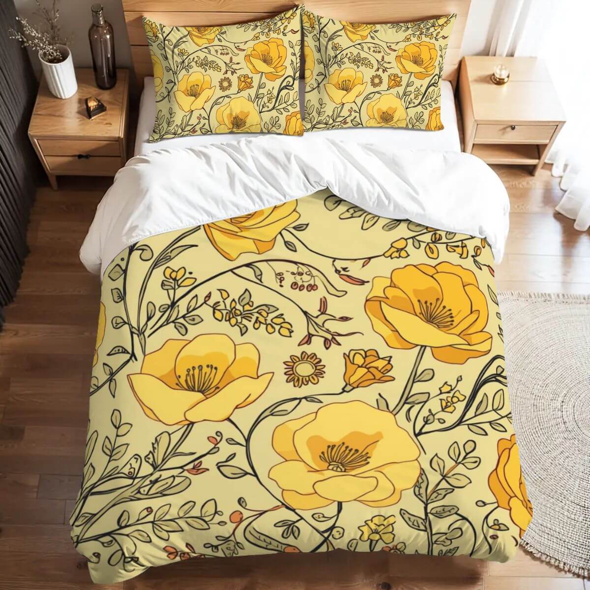 Komplettes Bettwäscheset mit gelbem Blumendesign aus 90GSM Polyester, inkl. 80"x90" Bettbezug und 30"x20" Kissenbezüge, sublimationsbedruckt